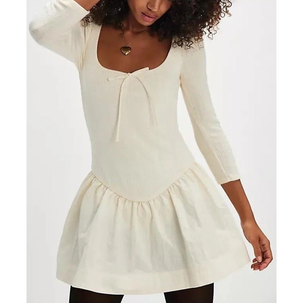 NWT For Love & Lemons Aliyah Pointelle Mini Dress Cream L Drop Waist Coquette